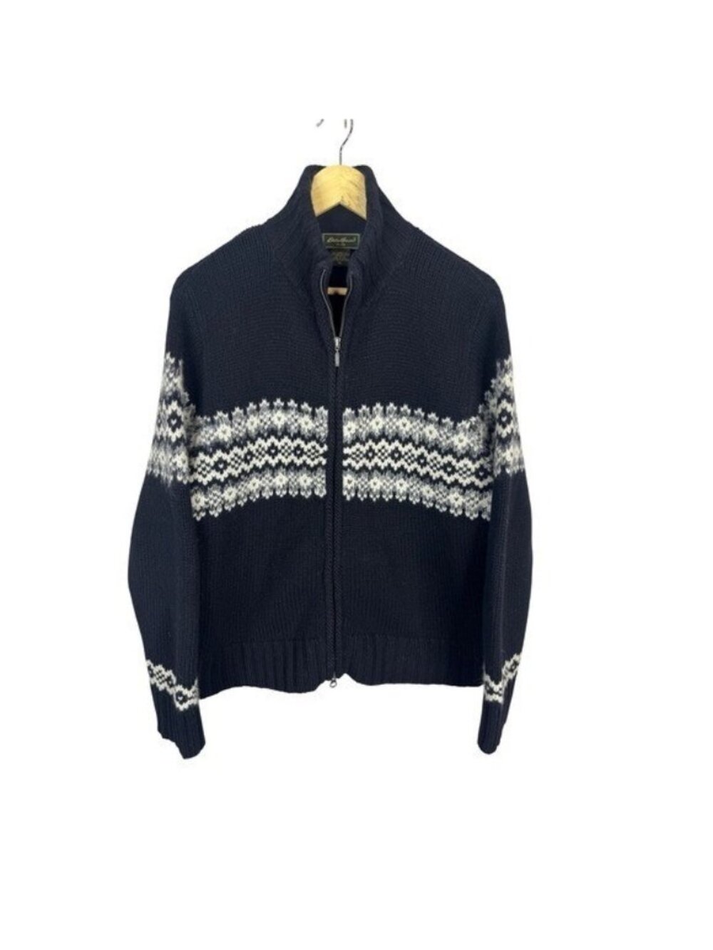 Eddie Bauer Mens XL Lambswool Angora Fair Isle Full Zip Sweater Navy Blue Mock